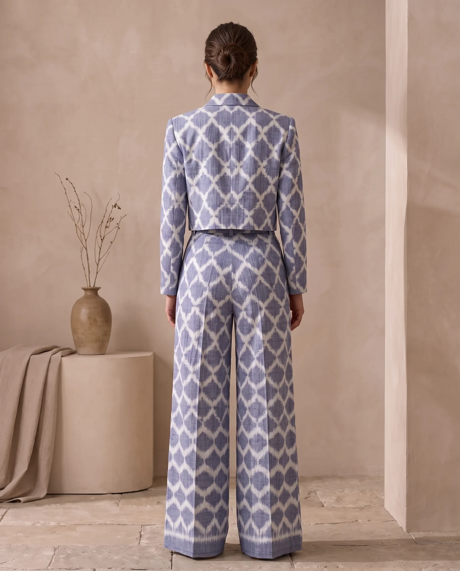 Back view of the periwinkle ikat co-ord set