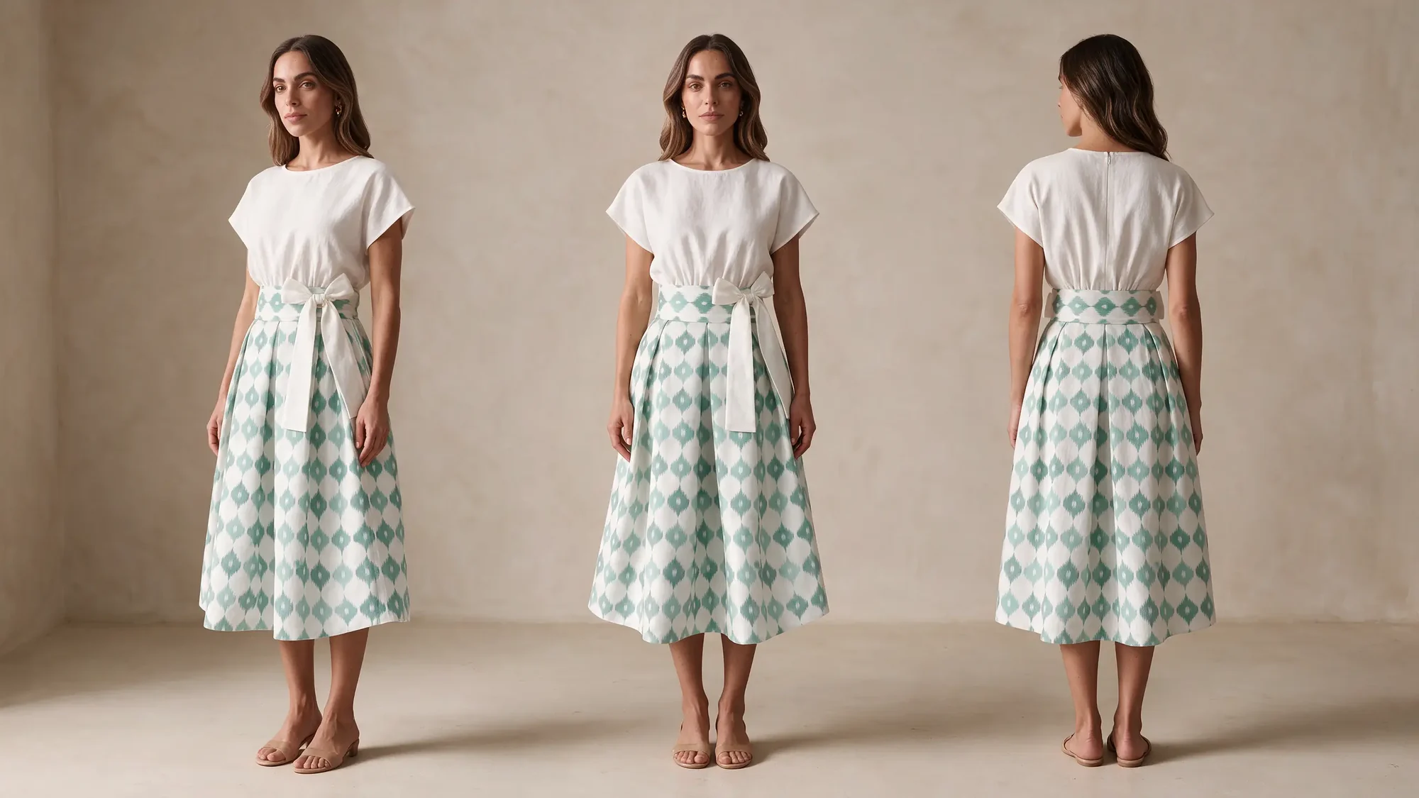 Kakara Skirt, Mint, three views: three-quarter, front and back