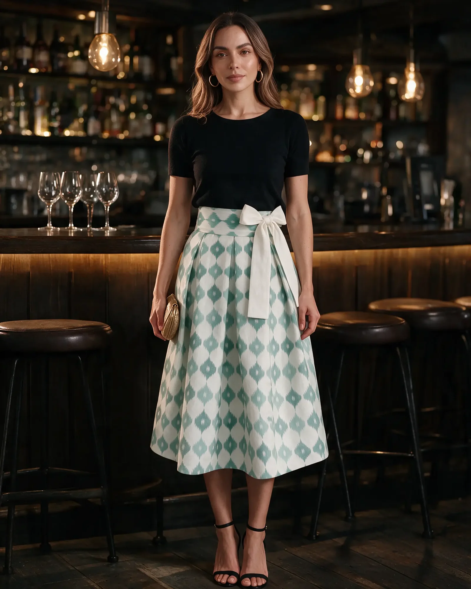 A woman in the mint Kakara Skirt at a warm-lit bar with a black top, strappy heels and a gold clutch