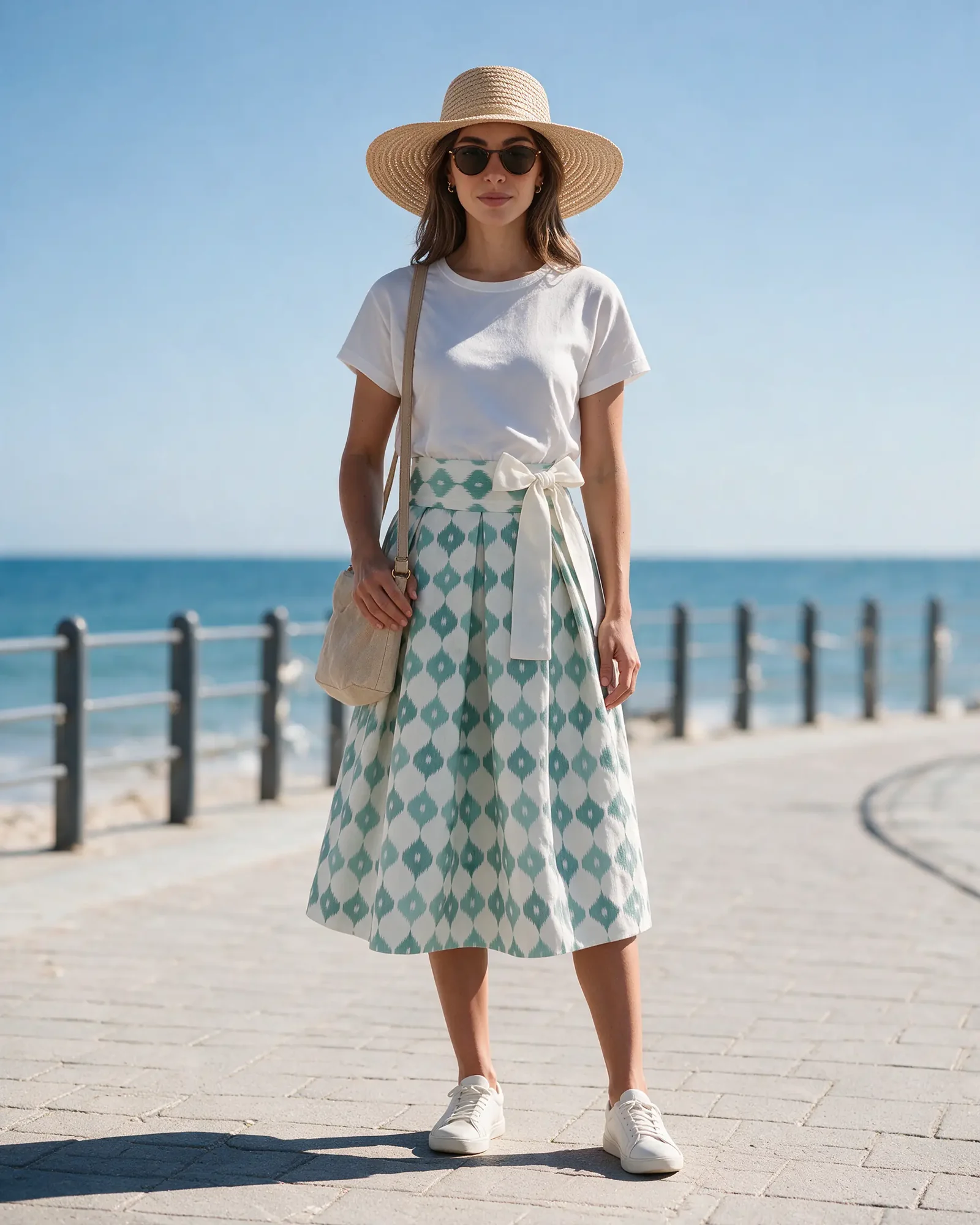 A woman in the mint Kakara Skirt on a seaside promenade with a white tee, straw hat and sneakers