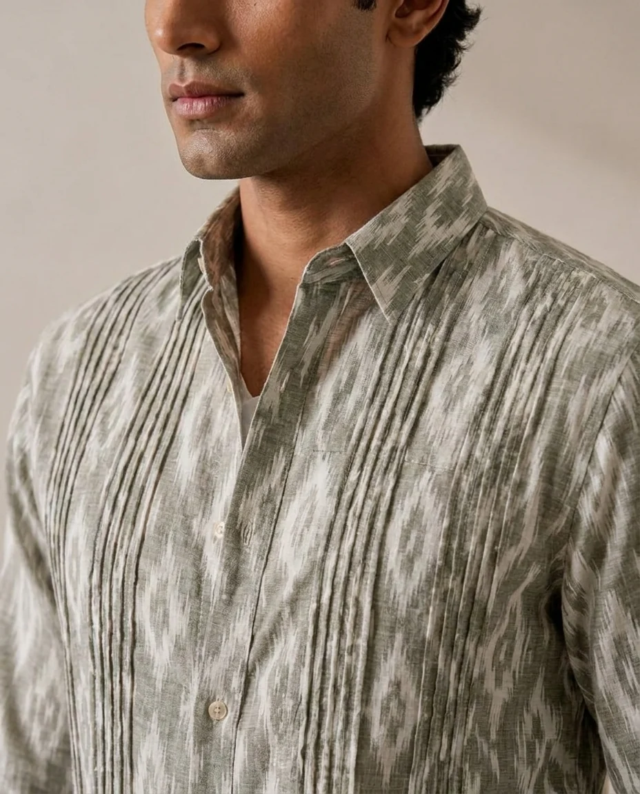 Mihi Shirt, Sage Green, close-up of the pintucked placket