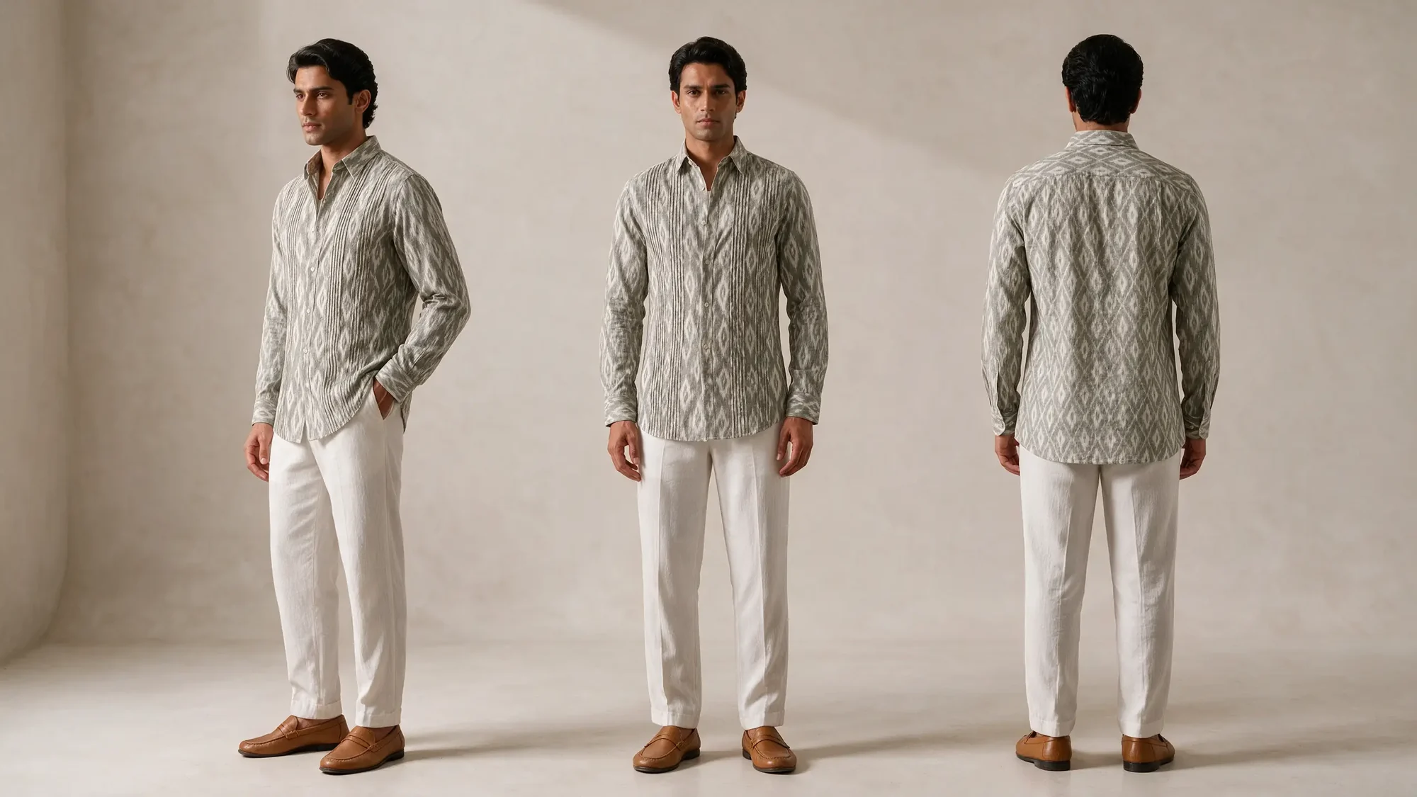 Mihi Shirt, Sage Green, three views: three-quarter, front and back