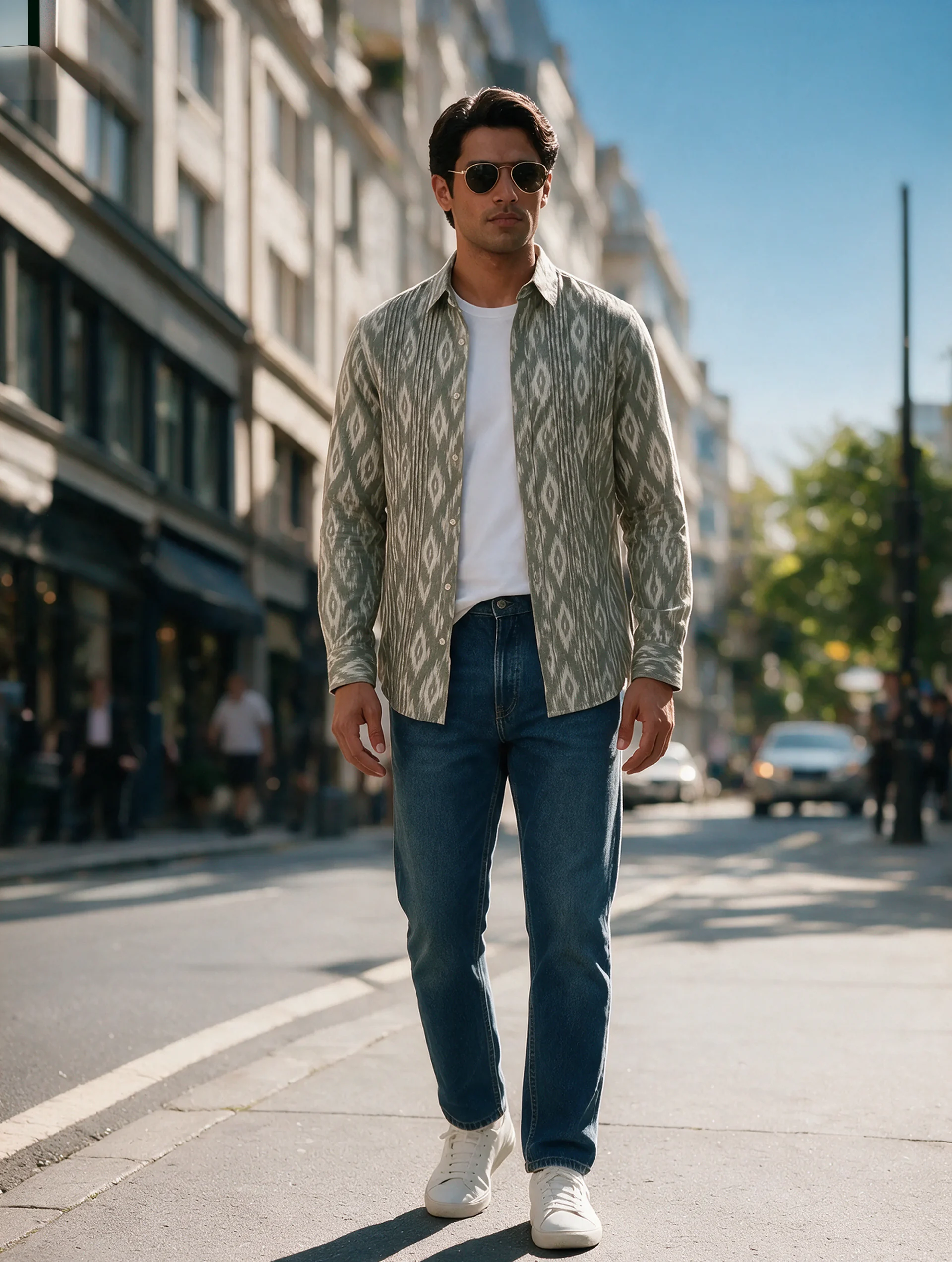A man in the sage green Mihi Shirt worn open over a white tee with jeans and sneakers on a city street