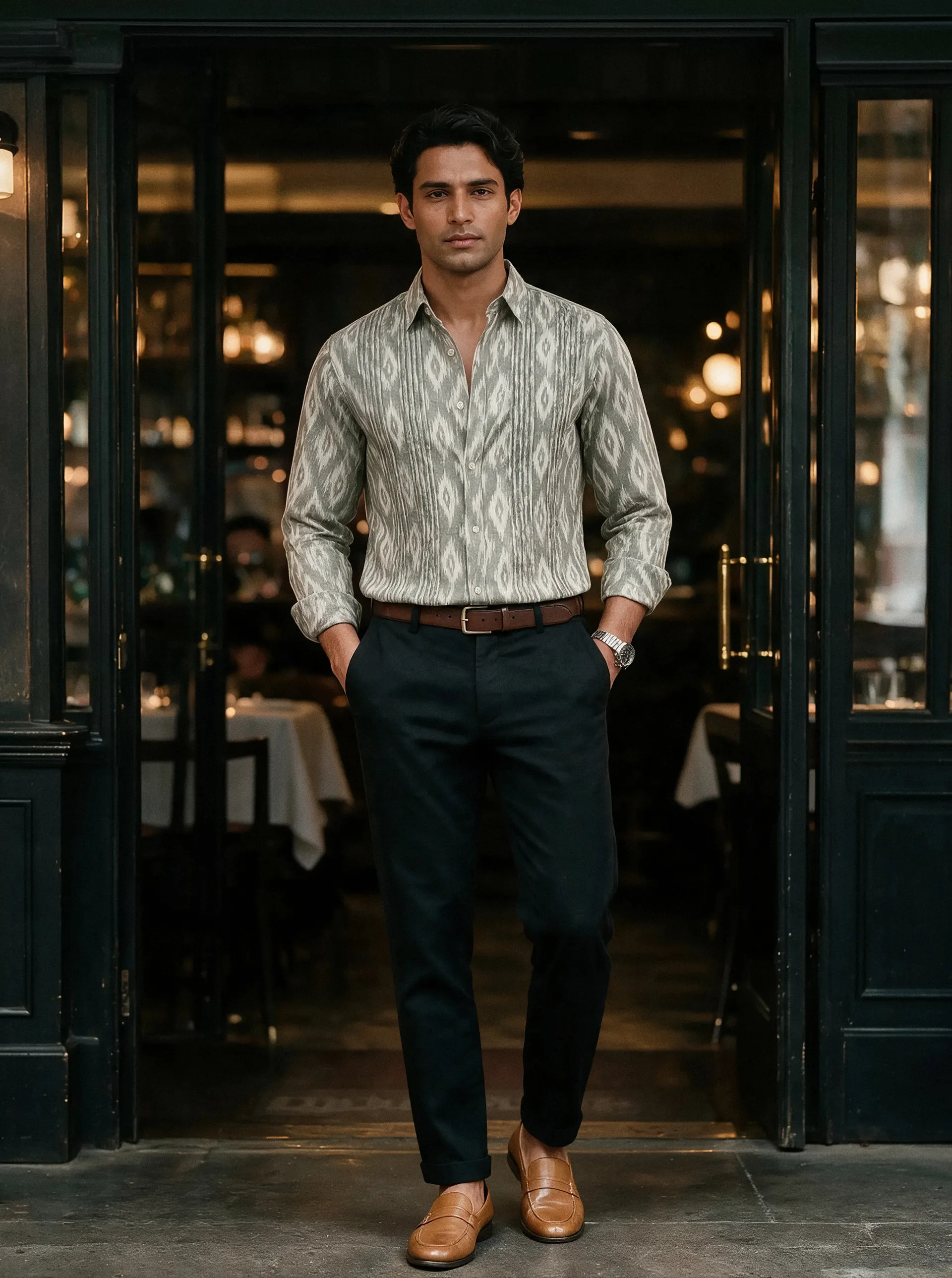 A man in the sage green Mihi Shirt tucked into black trousers with loafers at a restaurant entrance