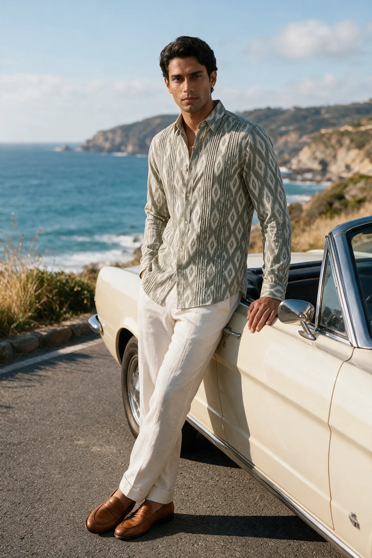 Mihi Shirt, Sage Green, worn at coastal road with a vintage convertible