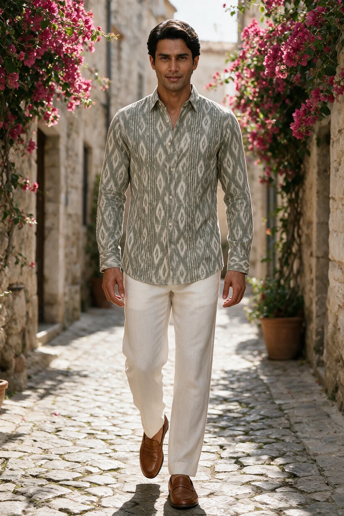 Mihi Shirt, Sage Green, worn at old-town alley with bougainvillea