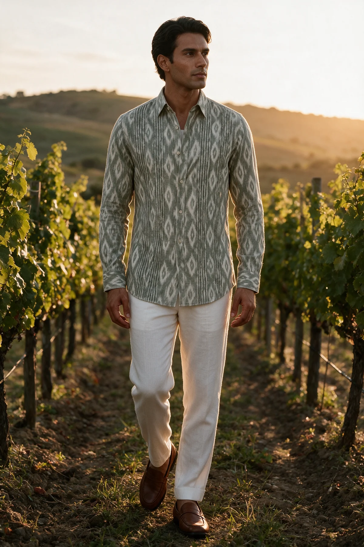 Mihi Shirt, Sage Green, worn at vineyard at sunset