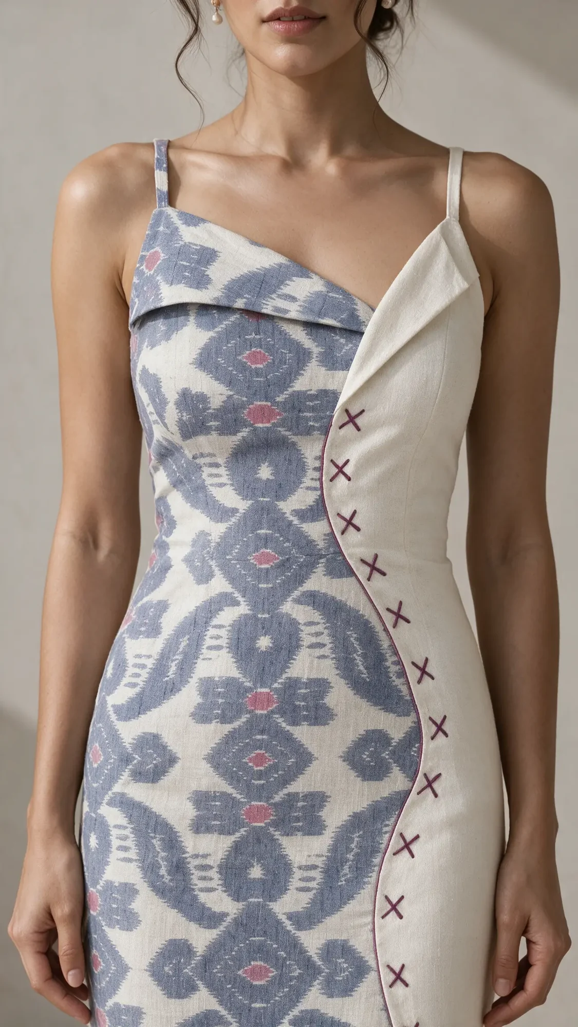 Janha Dress, Ivory, close-up of the cross-stitched seam where ikat meets ivory cotton