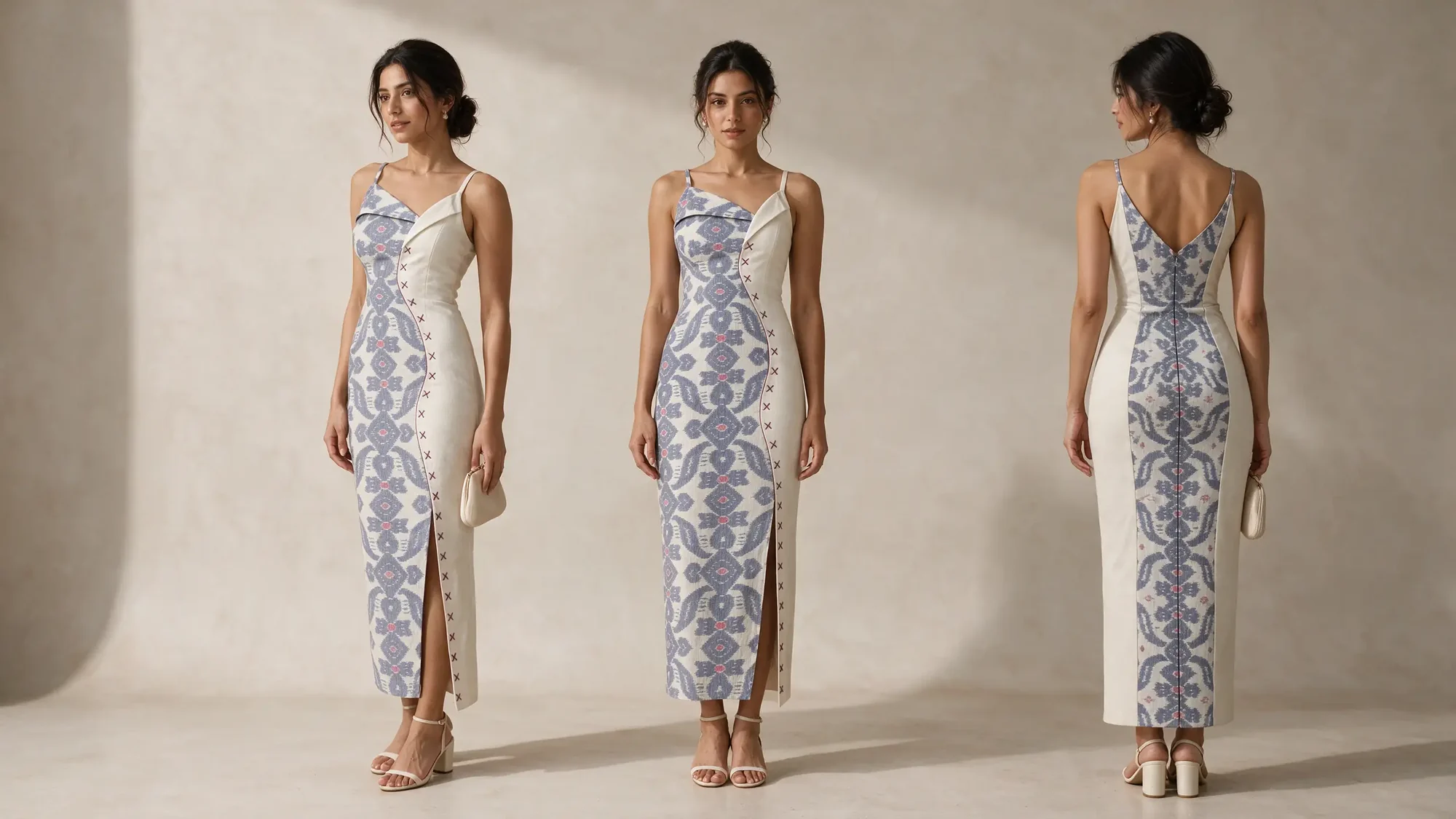 Janha Dress, Ivory, three views: three-quarter, front and back
