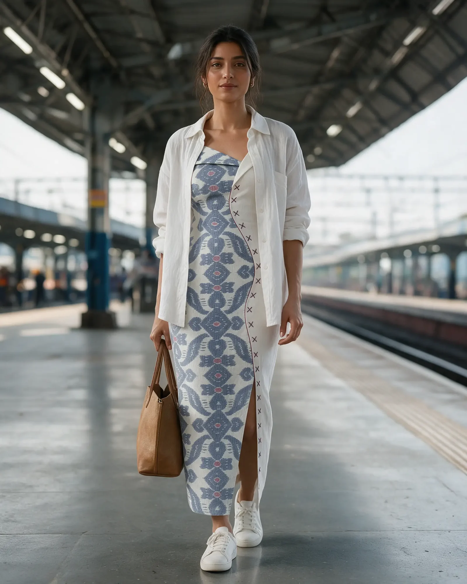 A woman in the ivory Janha Dress on a train platform with an open linen shirt, sneakers and a tote