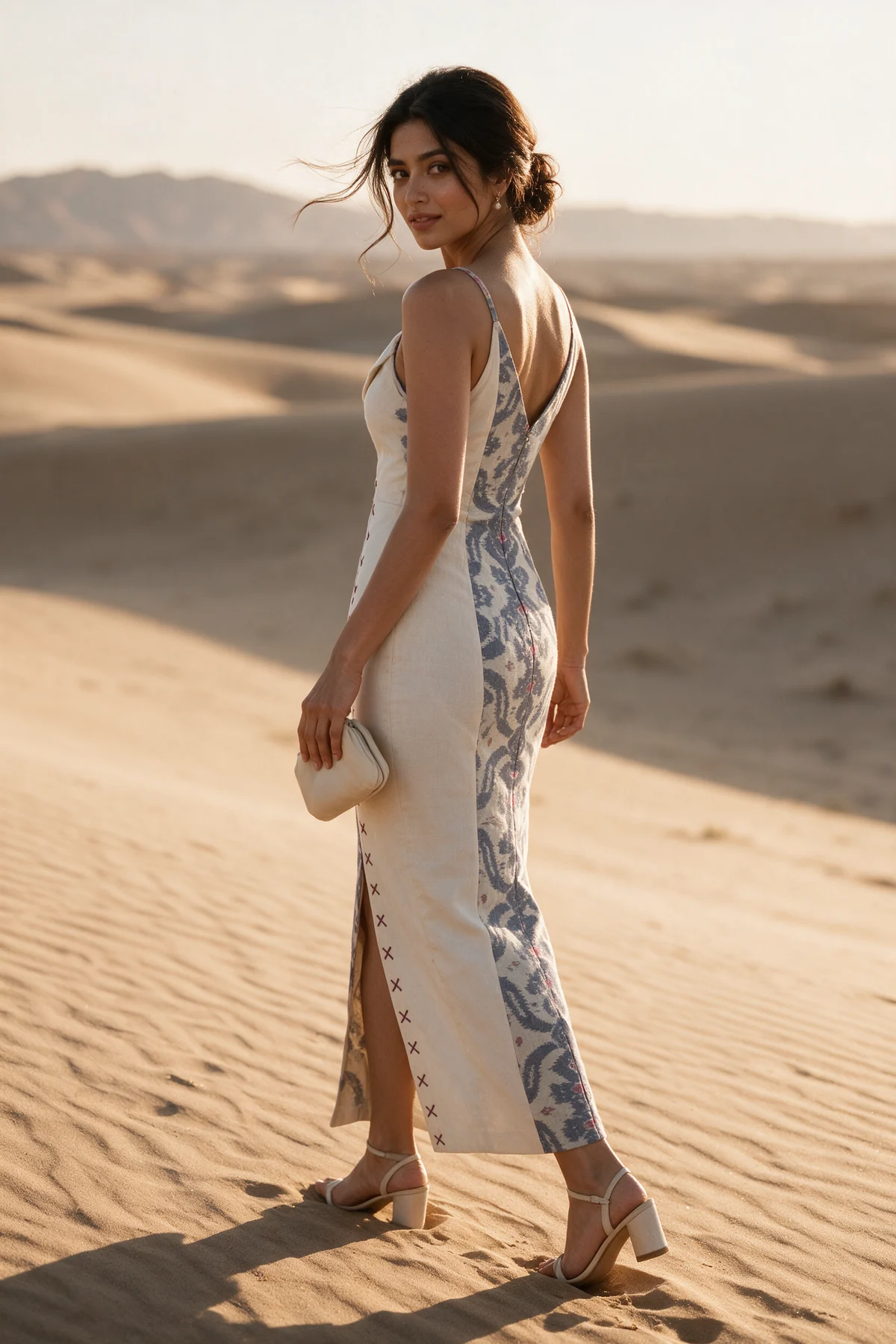Janha Dress, Ivory, worn at desert dunes at sunset