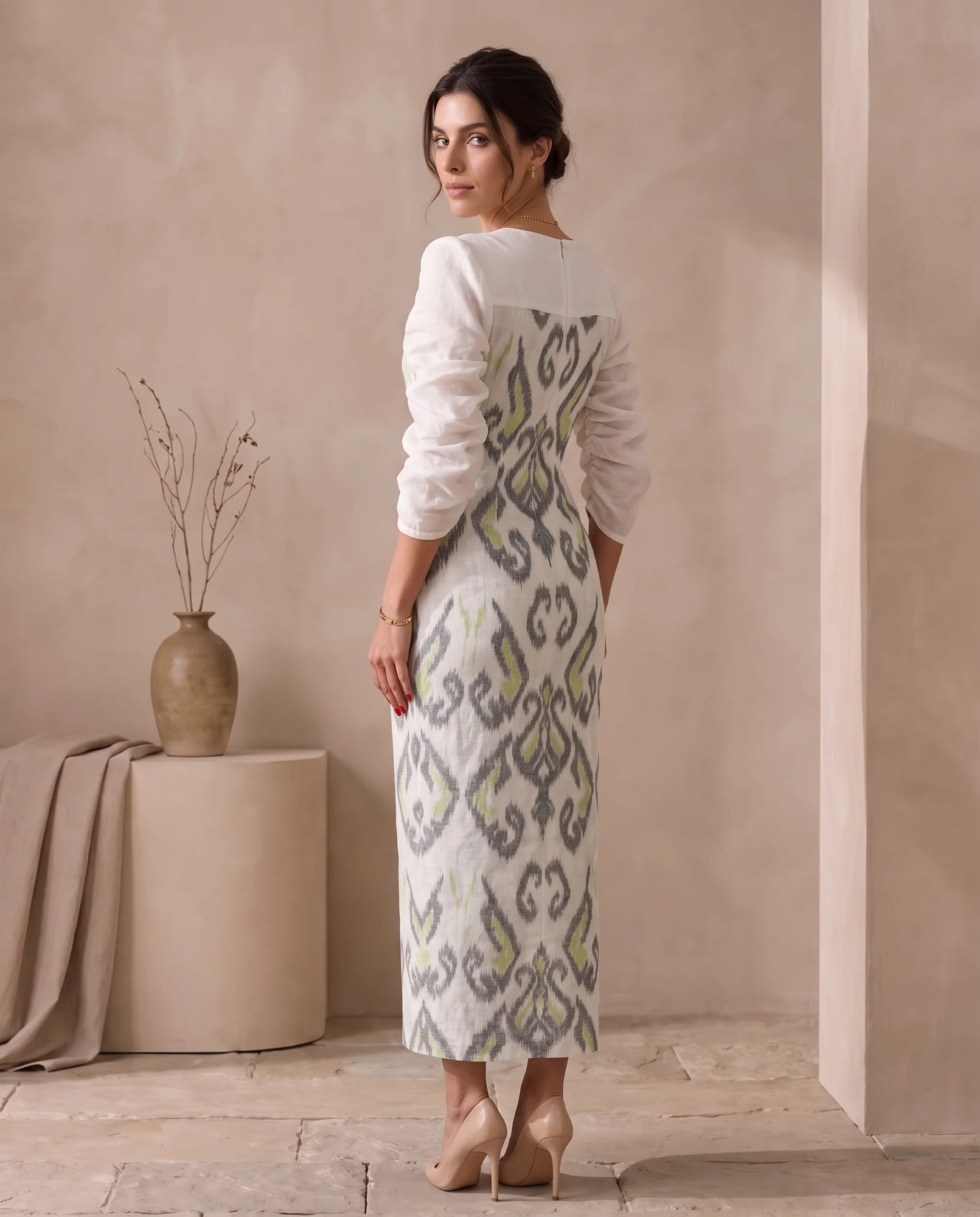 Kuhudi Dress, Ivory, back three-quarter view