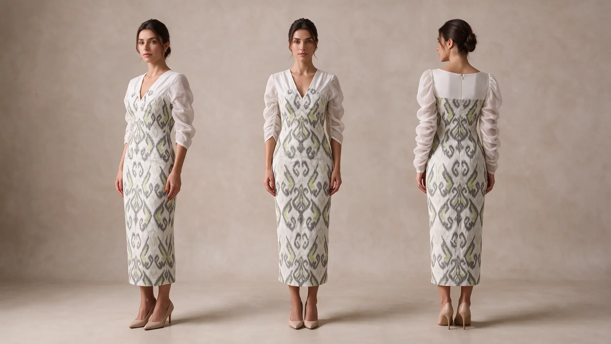 Kuhudi Dress, Ivory, three views: three-quarter, front and back
