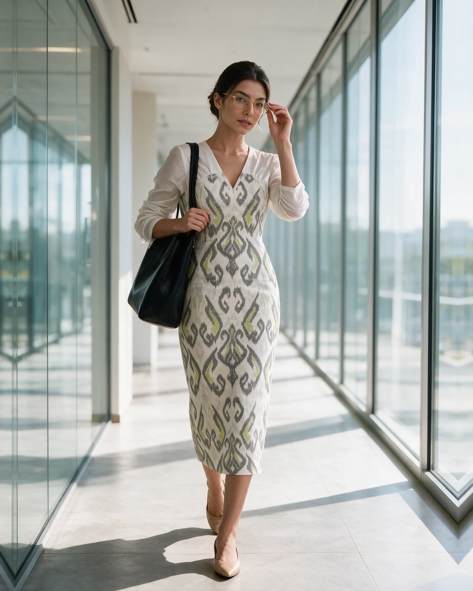 A woman in the ivory Kuhudi Dress in a glass-walled office with a black tote and pointed heels