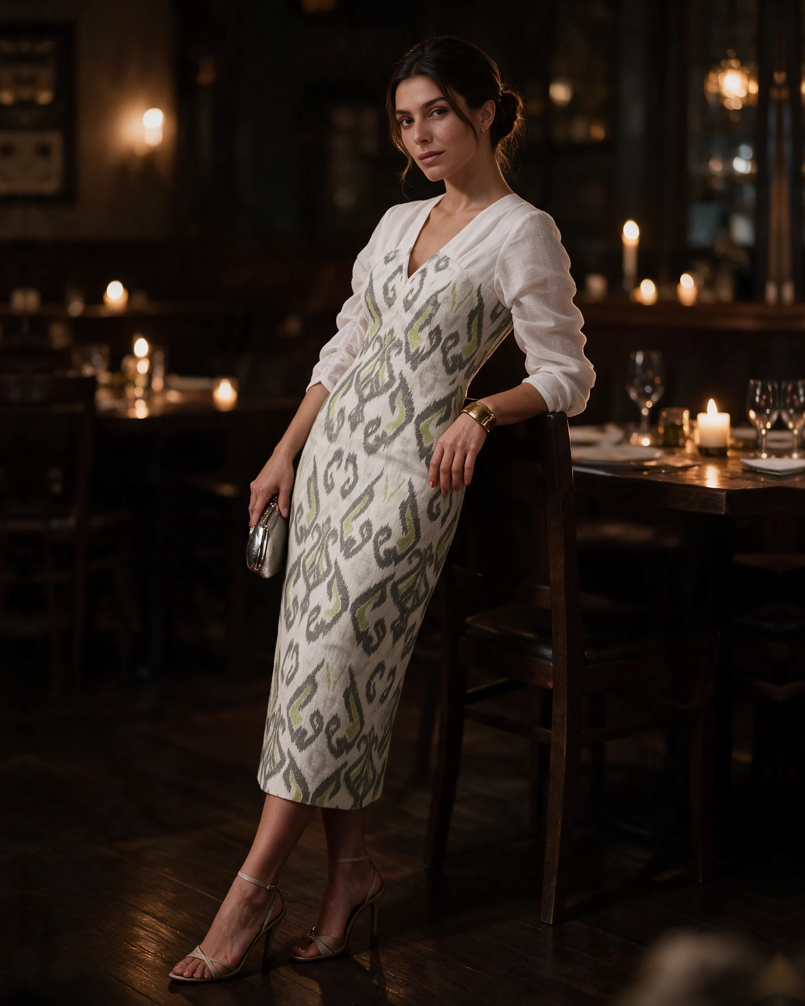 A woman in the ivory Kuhudi Dress at a candlelit restaurant with strappy heels and a silver clutch