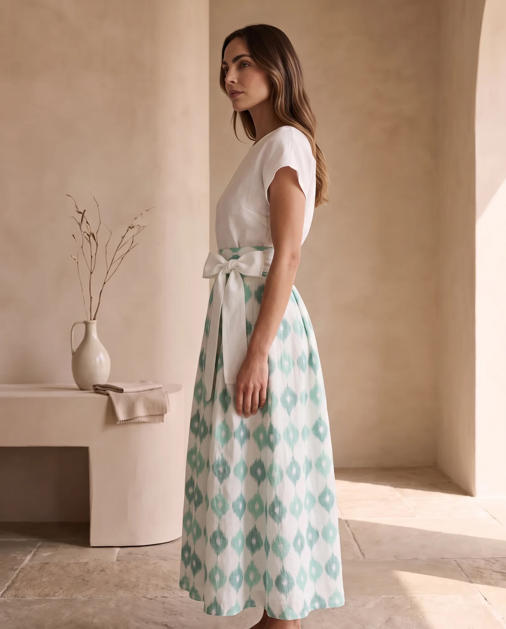 Side view of the mint ikat midi skirt, showing the high waist and the sash bow
