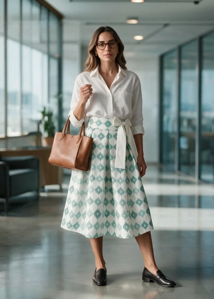 A woman in the mint Kakara Skirt in a bright office lobby with a white shirt, glasses and a tan tote