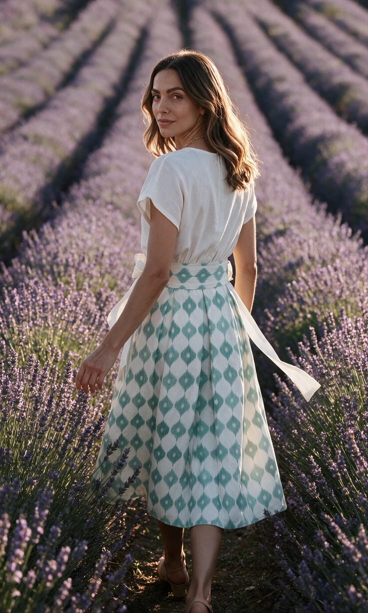 Kakara Skirt, Mint, worn at lavender field at golden hour
