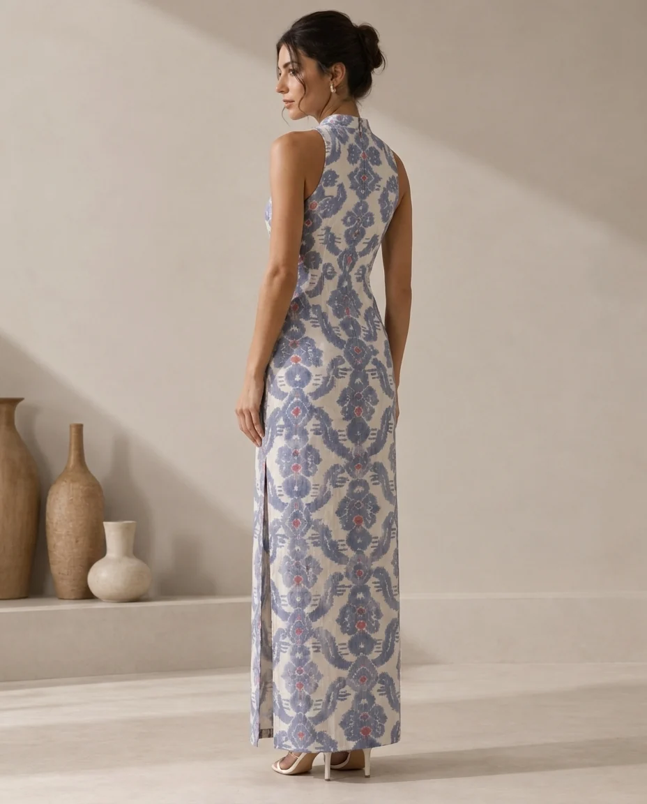 Jhara Dress, Periwinkle, back three-quarter view