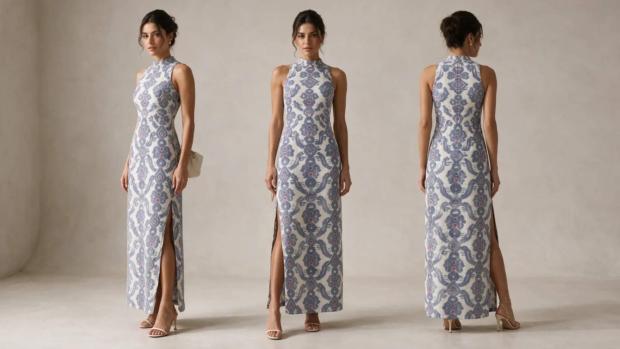 Jhara Dress, Periwinkle, three views: three-quarter, front and back