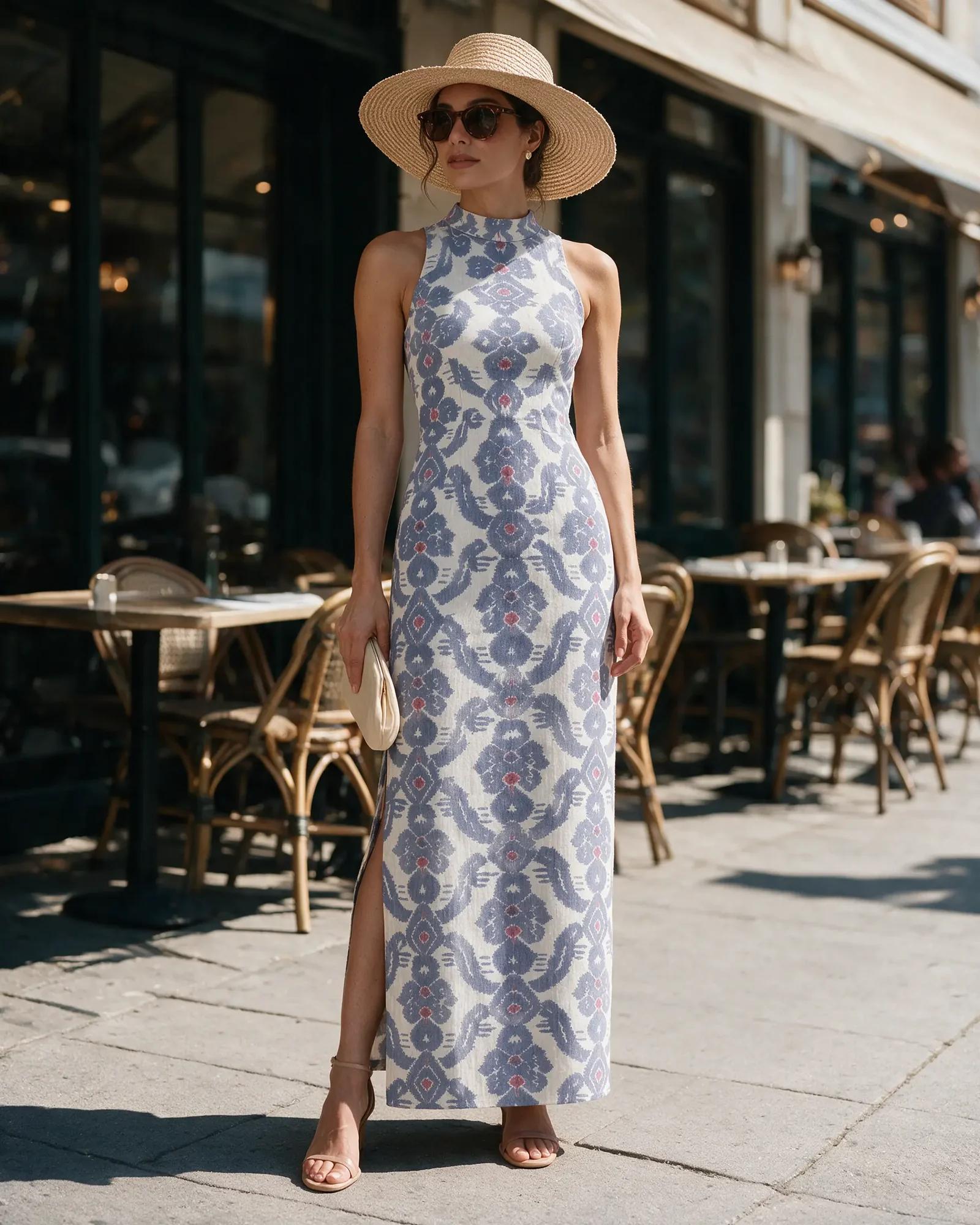 A woman in the periwinkle Jhara Dress at a sunny café with a straw hat, sunglasses and a raffia bag