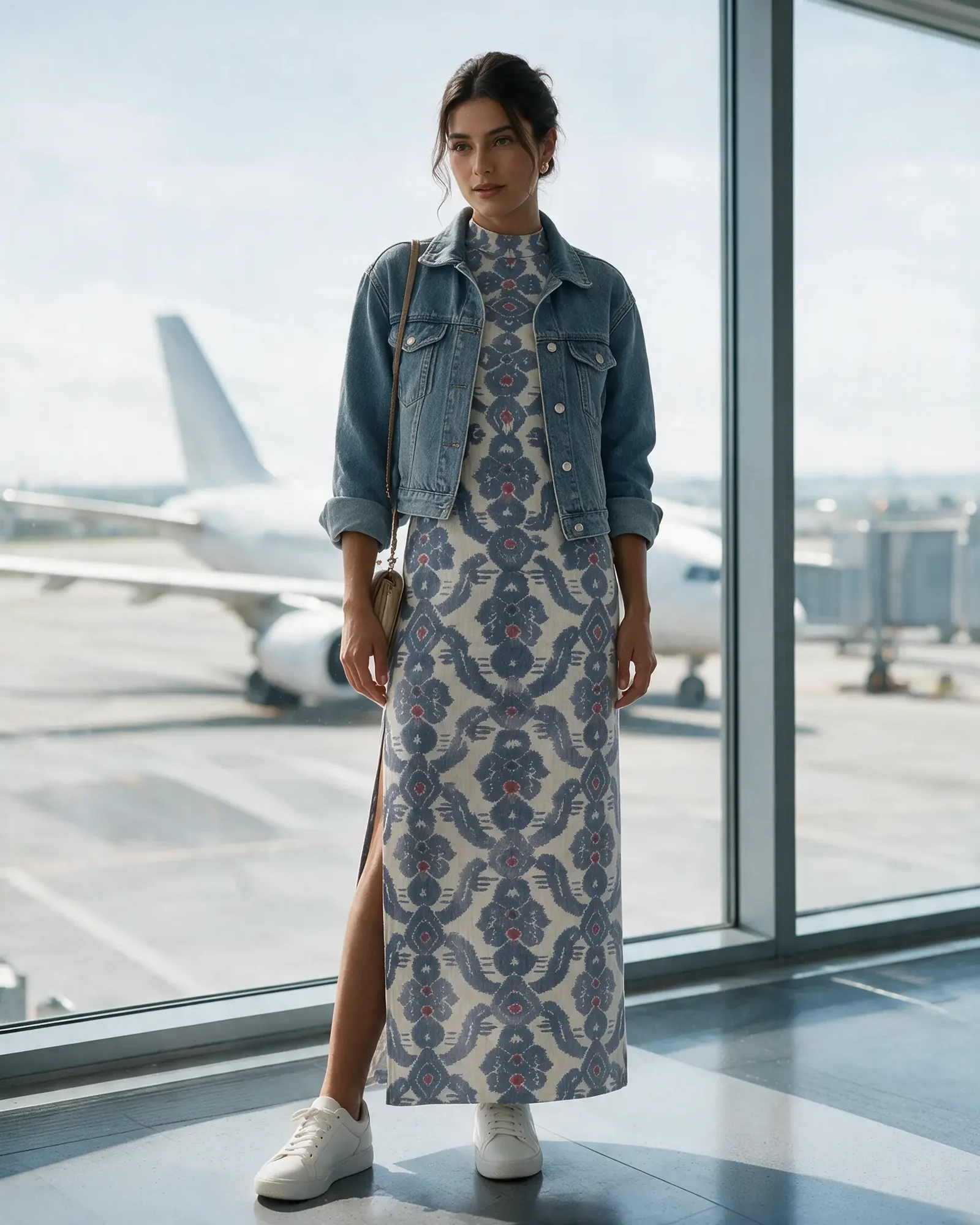 A woman in the periwinkle Jhara Dress at an airport window with an open denim jacket and sneakers