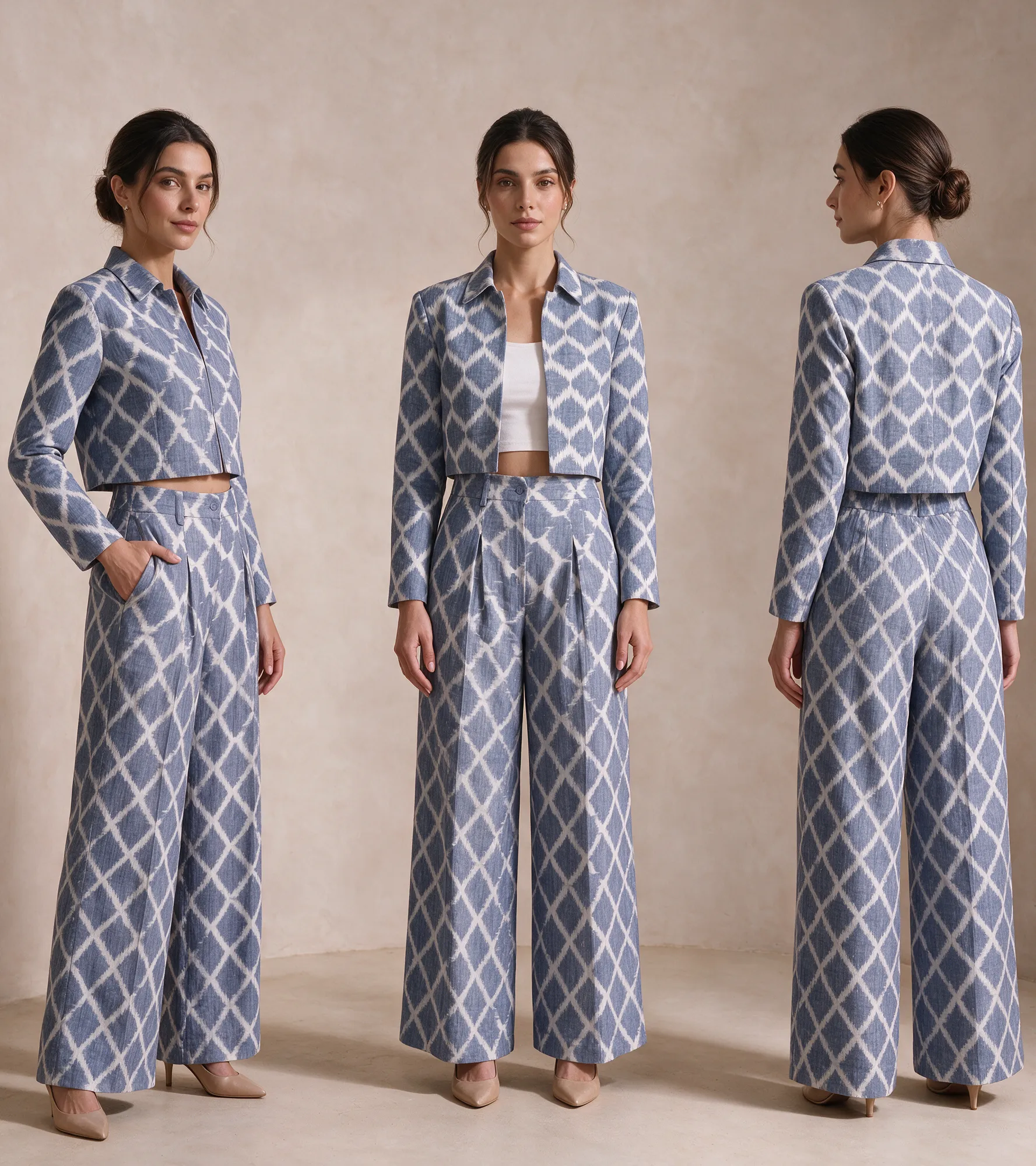 Badala Set, Periwinkle, full length in three views: three-quarter, front and back
