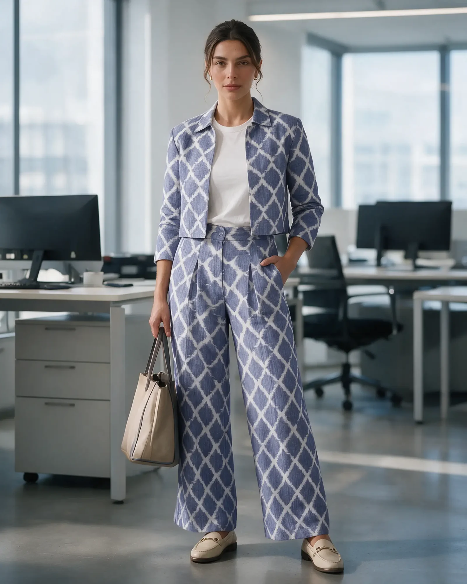 A woman in the periwinkle Badala Set the full set with a white tee, loafers and a tote in an office
