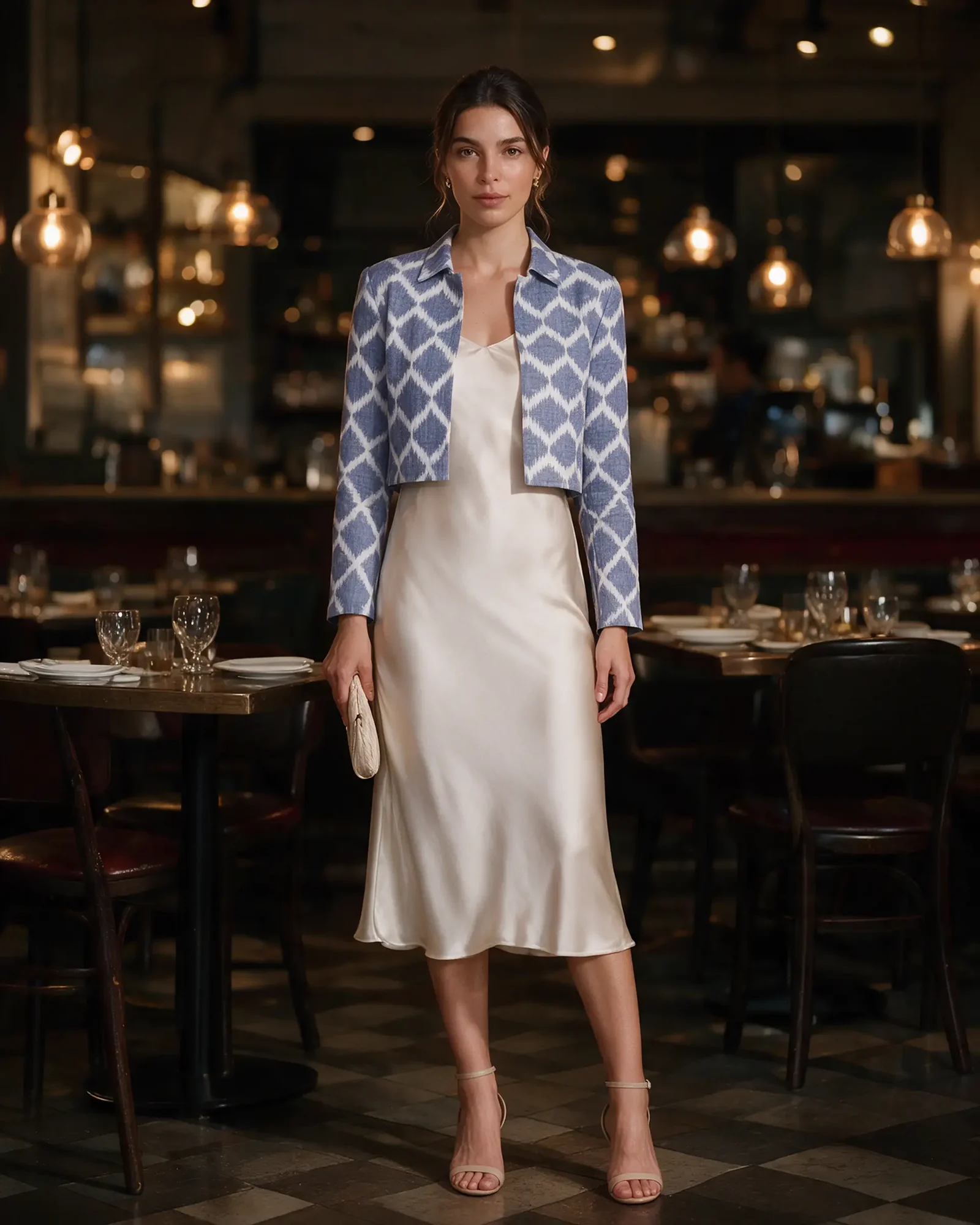 A woman in the periwinkle Badala Set the cropped jacket over an ivory slip dress at a restaurant