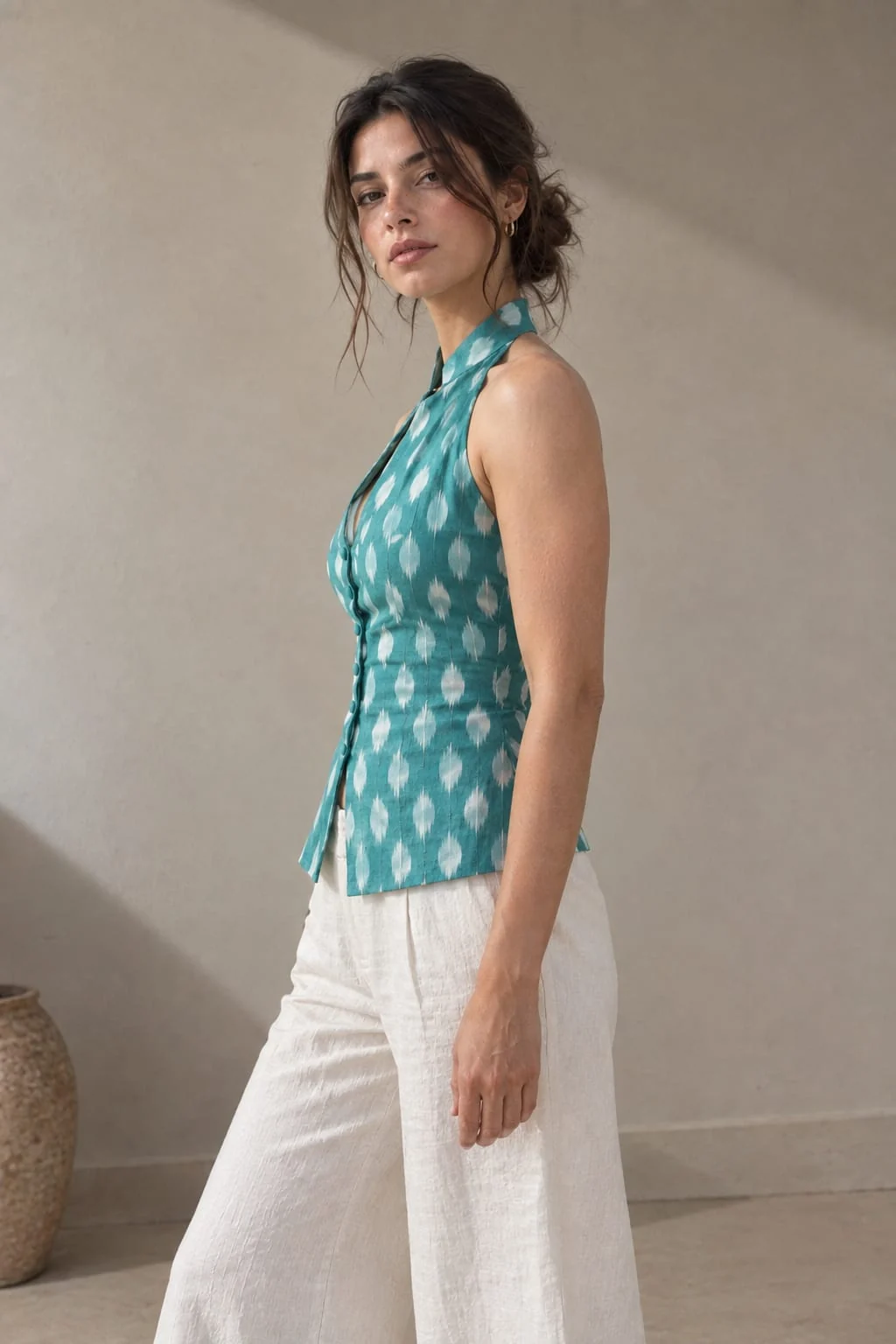 Side view of the teal Bijuli Waistcoat showing the halter cut and fitted waist
