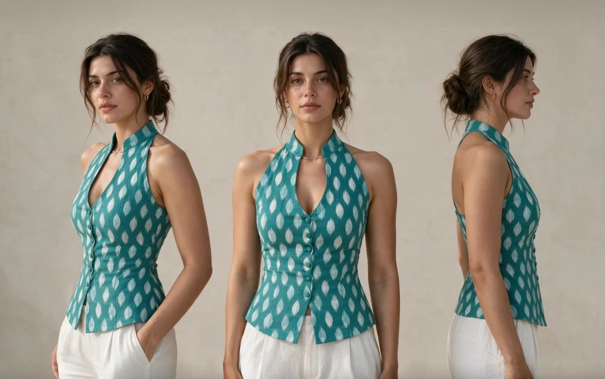 Bijuli Waistcoat, Teal, three views: three-quarter, front and back