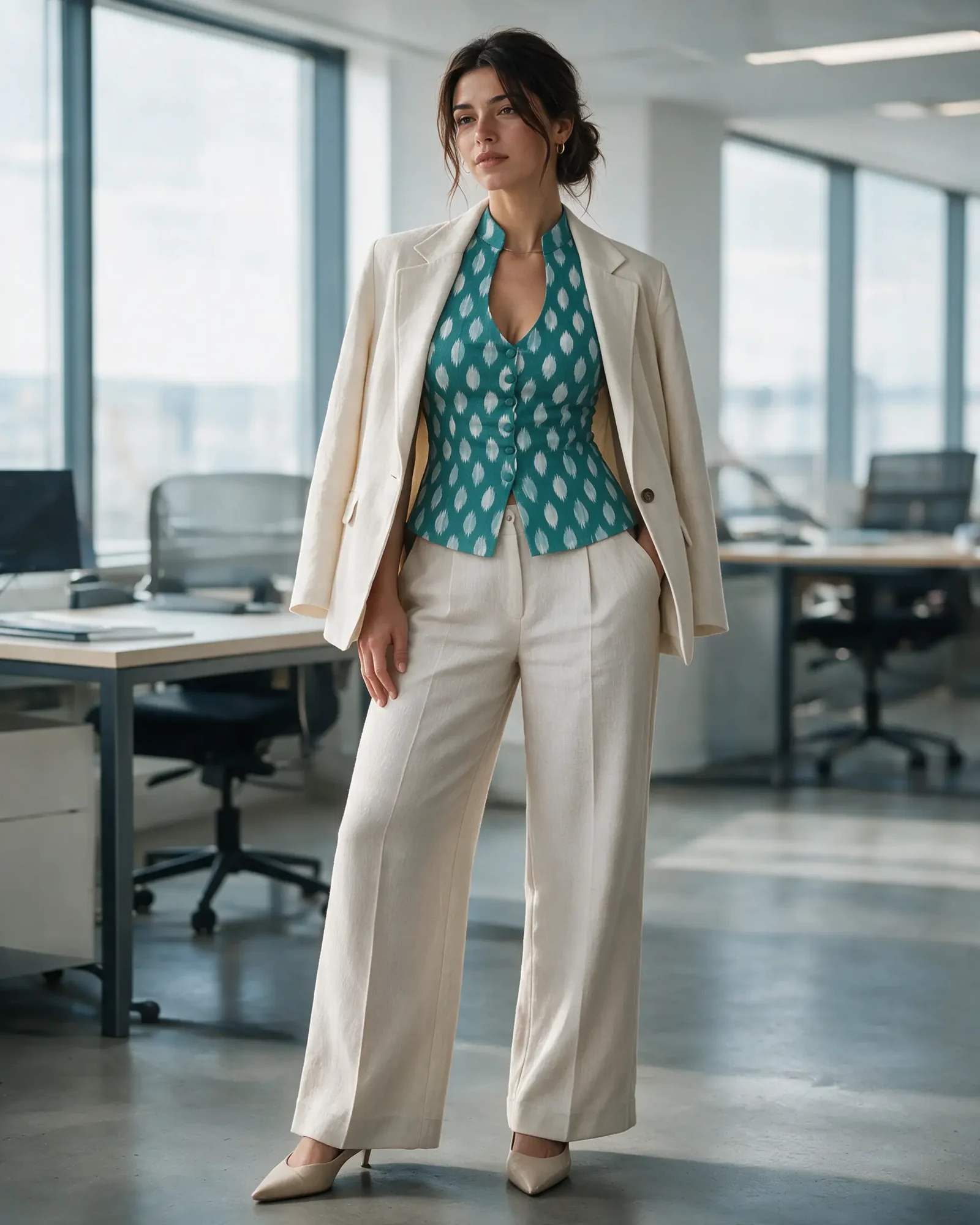 A woman in the teal Bijuli Waistcoat with beige trousers and a blazer over the shoulders in an office