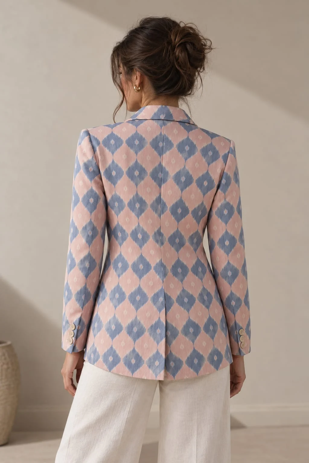 Back view of the Chandua Blazer in dusty rose and blue ikat