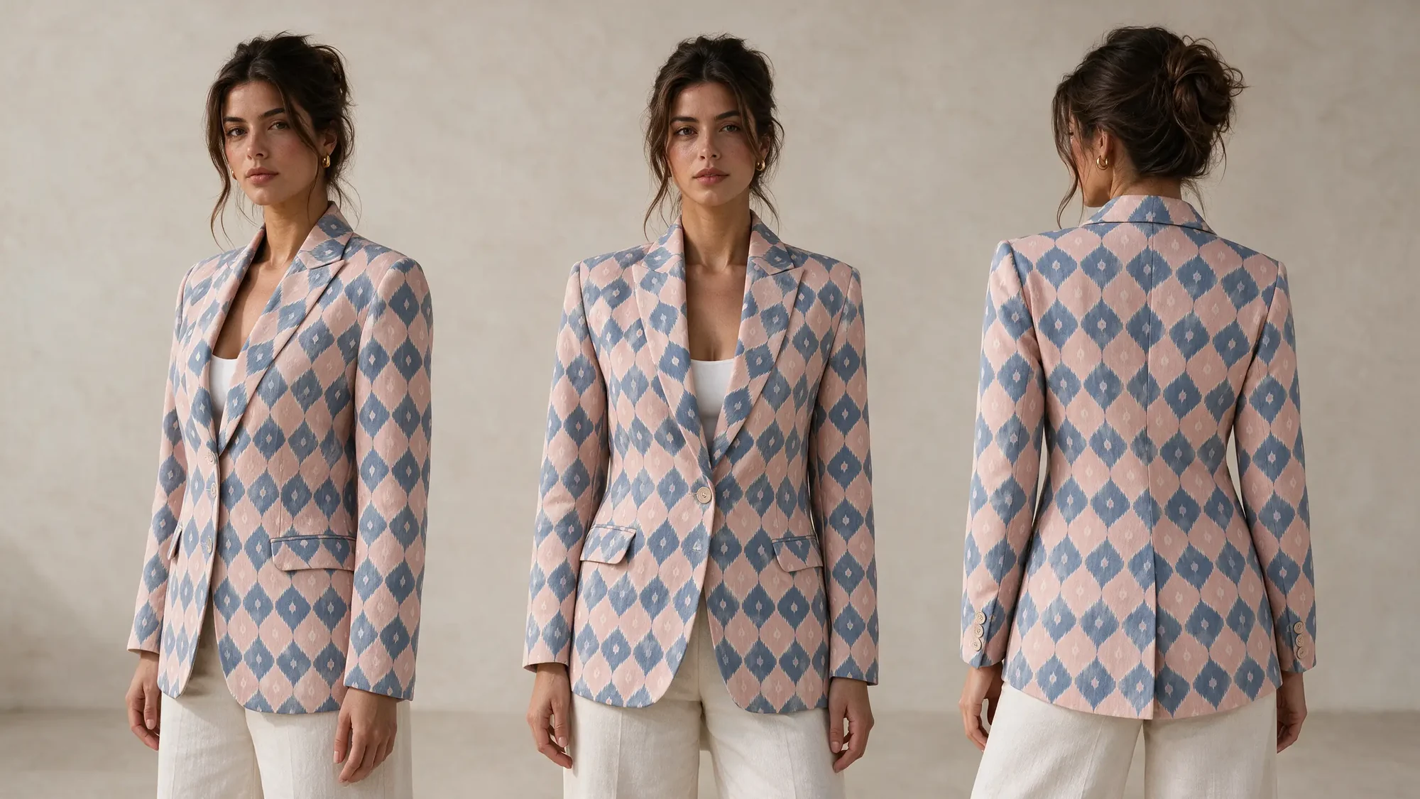 Chandua Blazer, Dusty Rose, three views: three-quarter, front and back