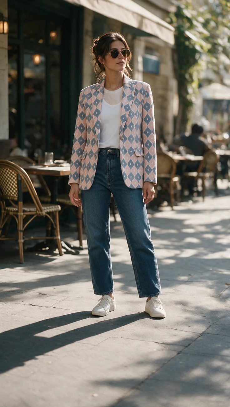 A woman in the dusty rose Chandua Blazer worn open over a white tee with jeans and sneakers at a café