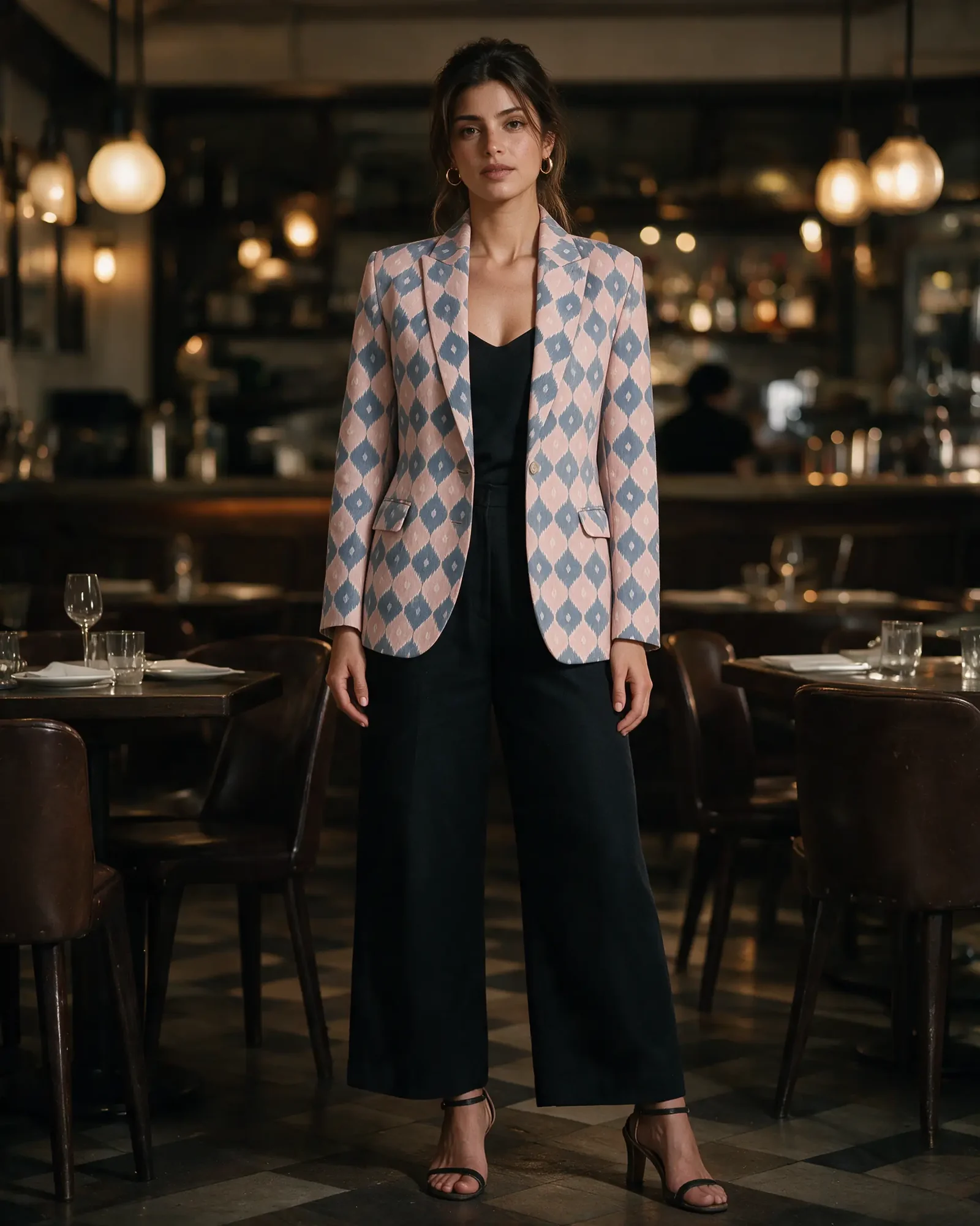 A woman in the dusty rose Chandua Blazer over a black camisole and black trousers at a warm-lit restaurant