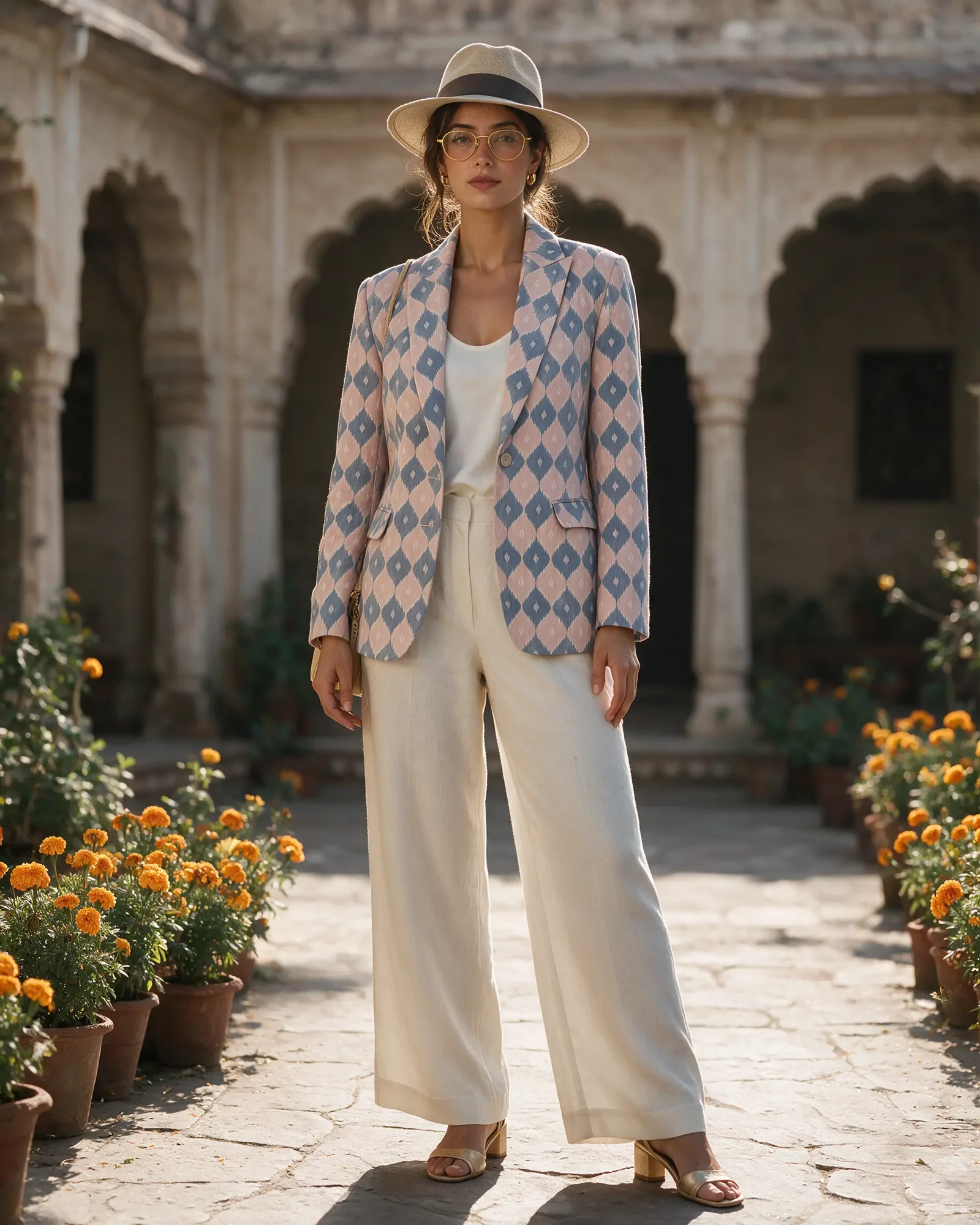 A woman in the dusty rose Chandua Blazer over ivory silk and wide trousers in a marigold courtyard