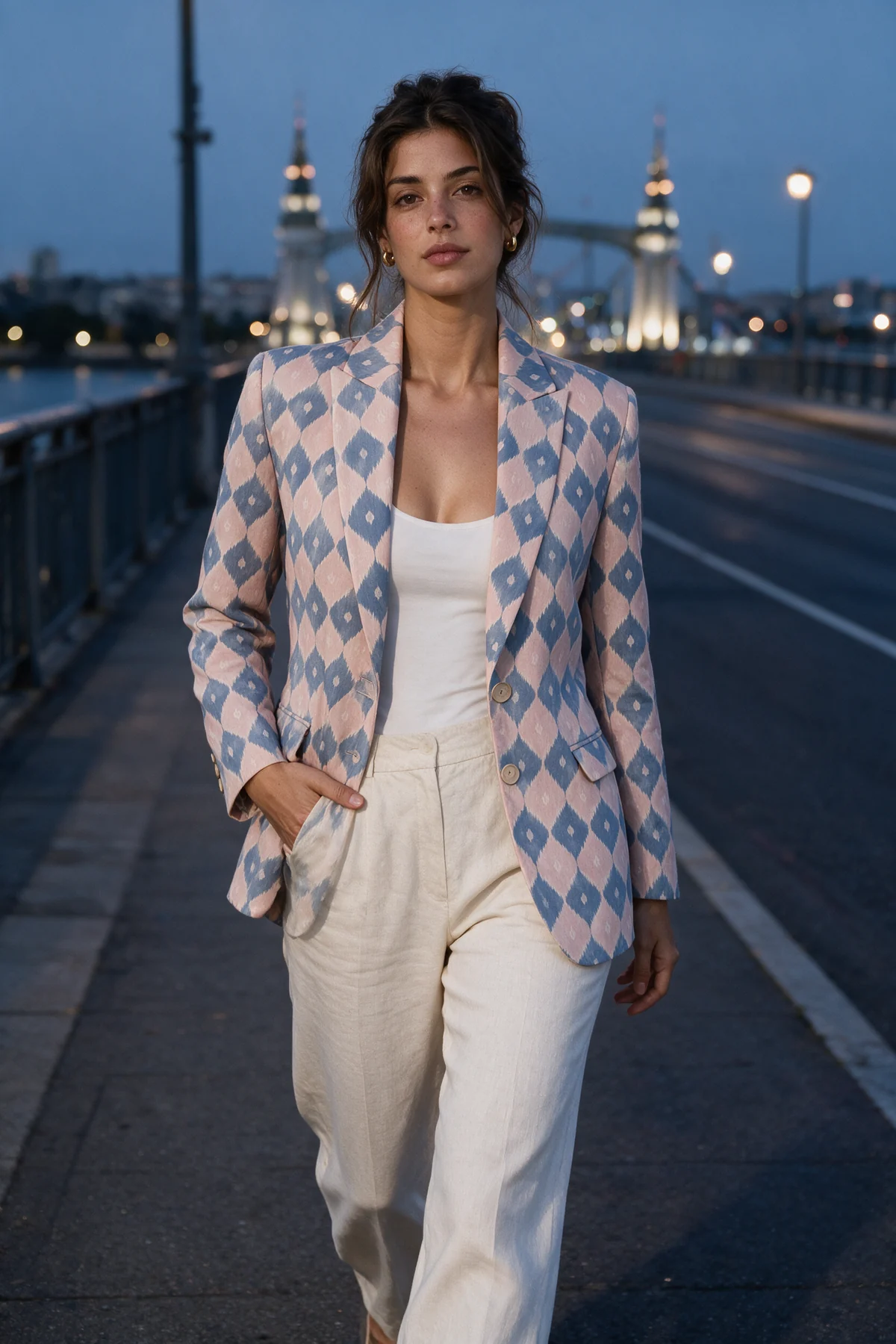 Chandua Blazer, Dusty Rose, worn at city bridge at blue hour