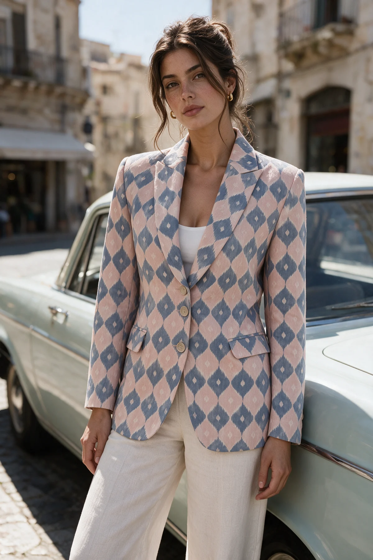 Chandua Blazer, Dusty Rose, worn at old town with a vintage car
