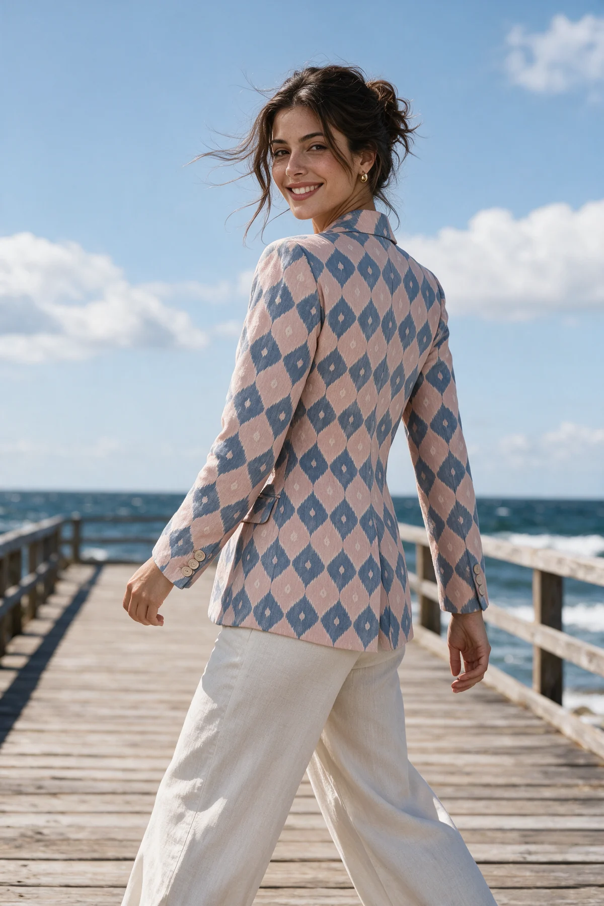 Chandua Blazer, Dusty Rose, worn at windy seaside boardwalk