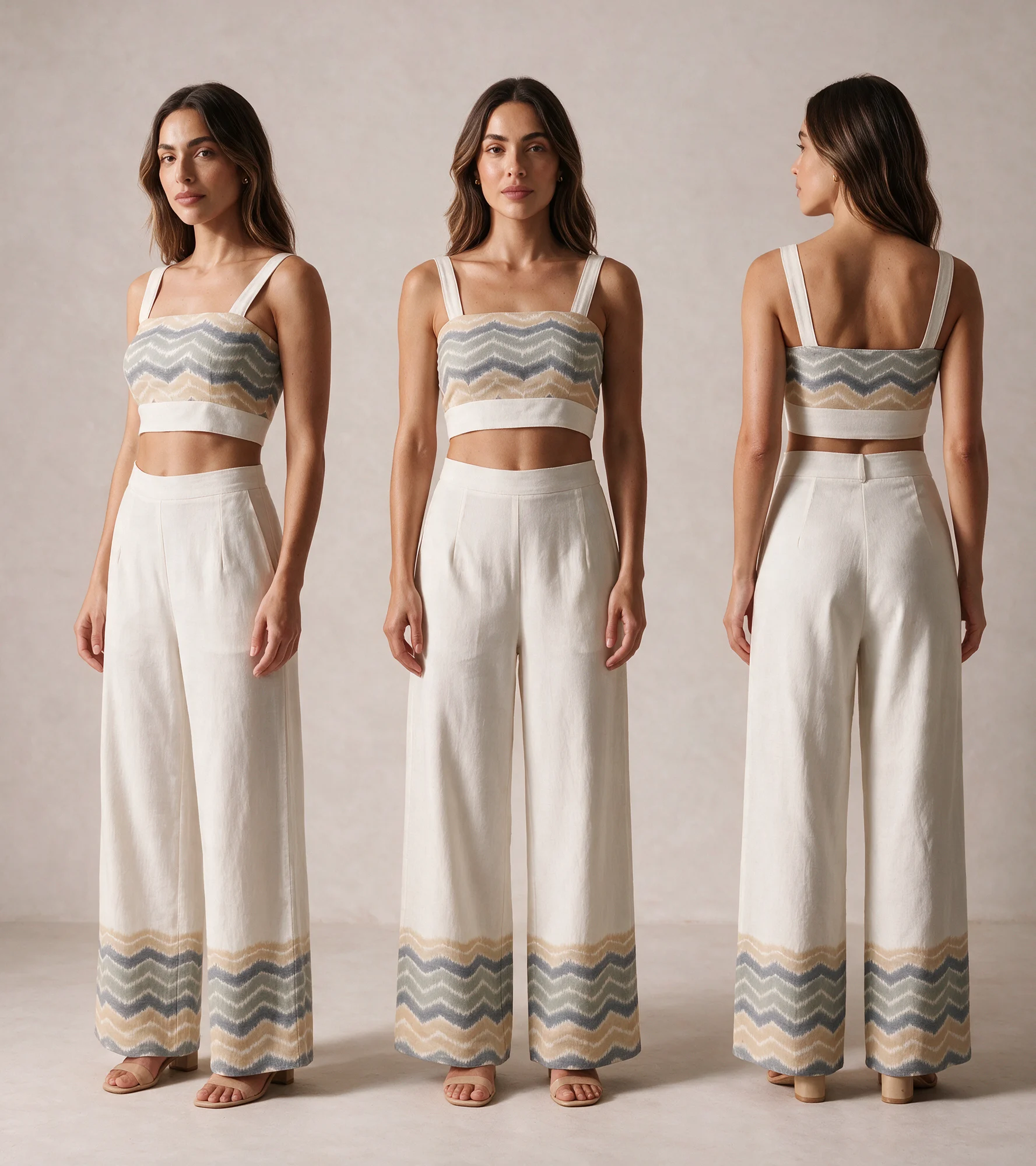Chhanda Set, Ivory, full length in three views: three-quarter, front and back