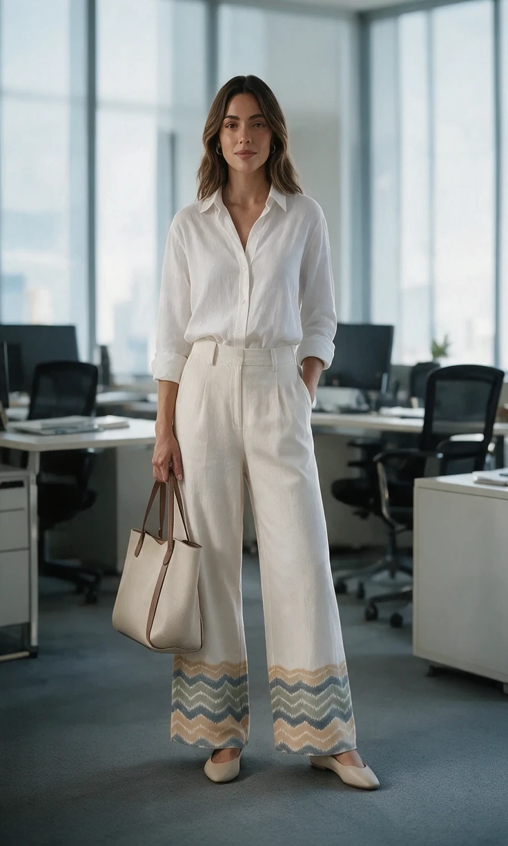 A woman in the ivory Chhanda Set the trousers with a white shirt and a tote in a bright office