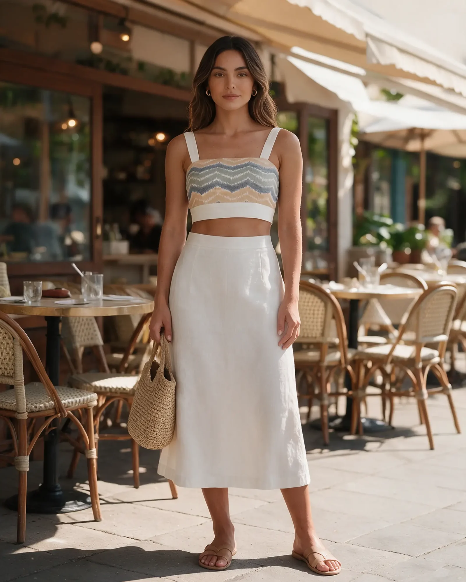 A woman in the ivory Chhanda Set the bandeau top with a linen midi skirt at a café terrace