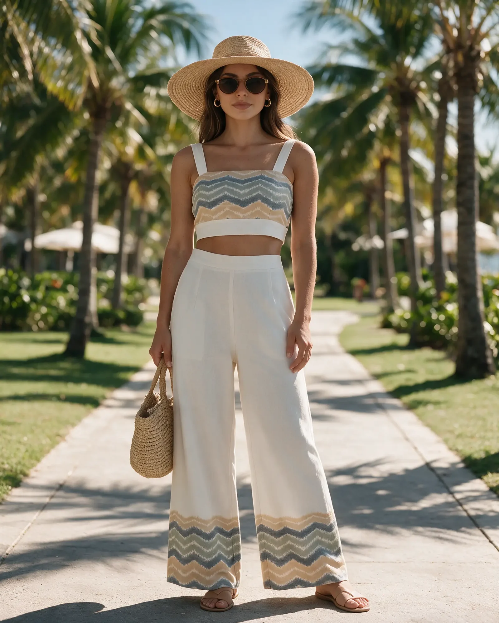 A woman in the ivory Chhanda Set the full set with a straw hat and sunglasses on a resort path