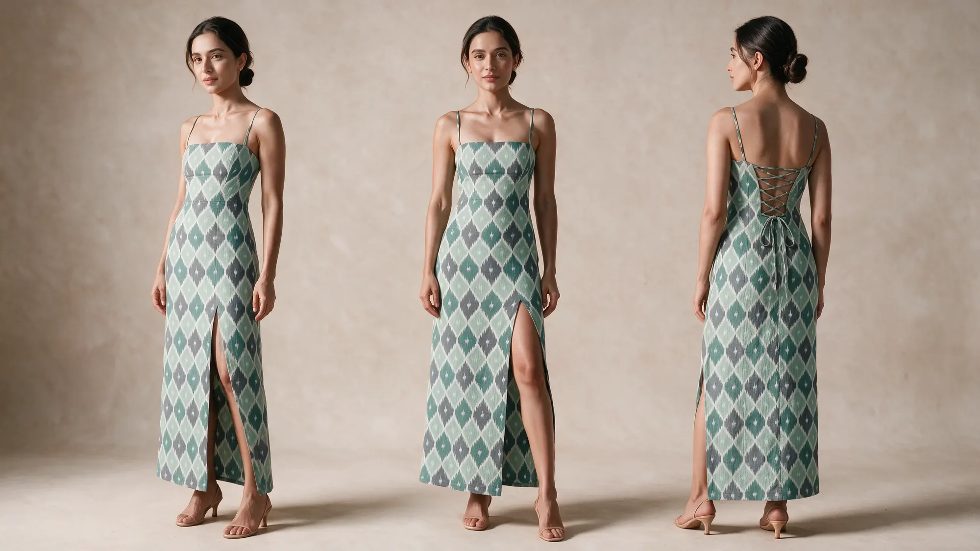 Ganthi Dress, Mint, three views: three-quarter, front and back