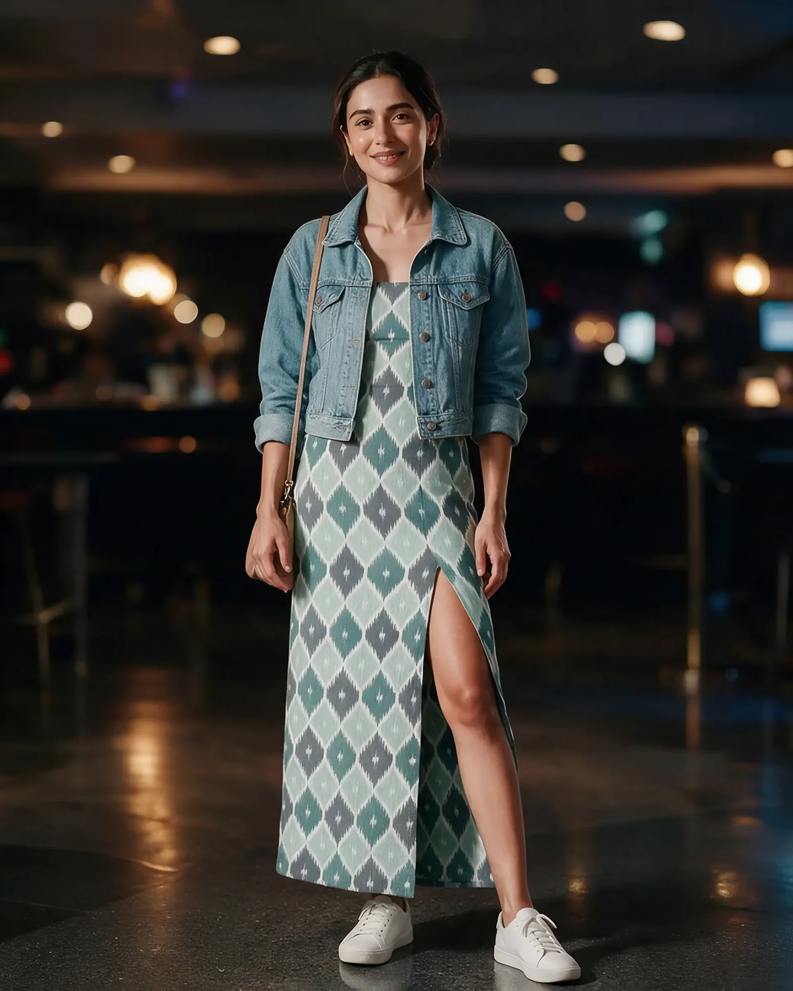 A woman in the mint Ganthi Dress with an open denim jacket and white sneakers in a cinema lobby