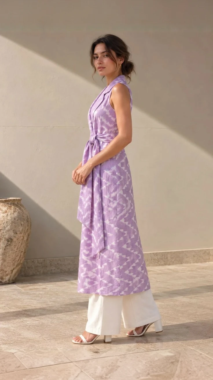 Side view of the lilac Lahari Waistcoat showing its long length