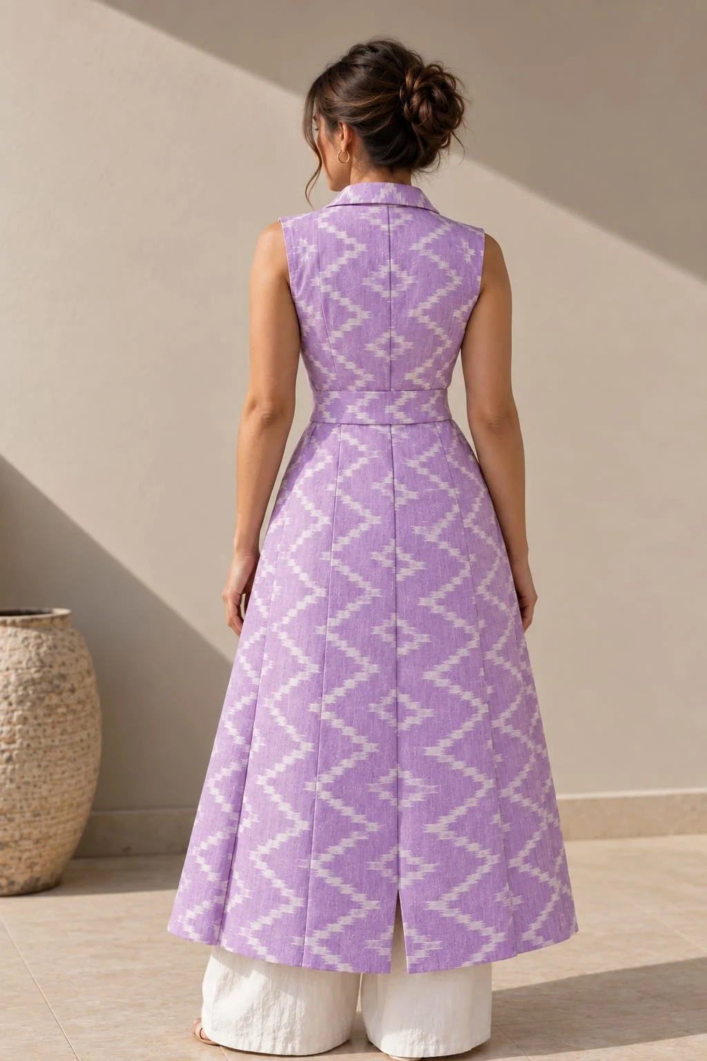 Back view of the lilac longline waistcoat with the waist seam and back vent