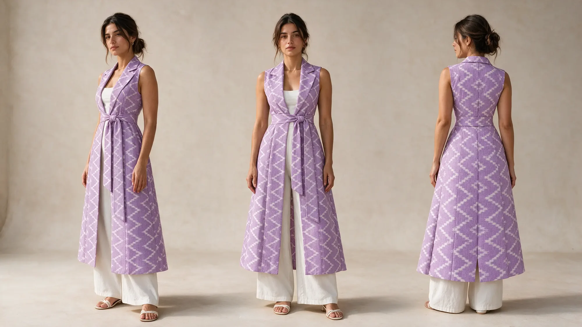 Lahari Waistcoat, Lilac, three views: three-quarter, front and back