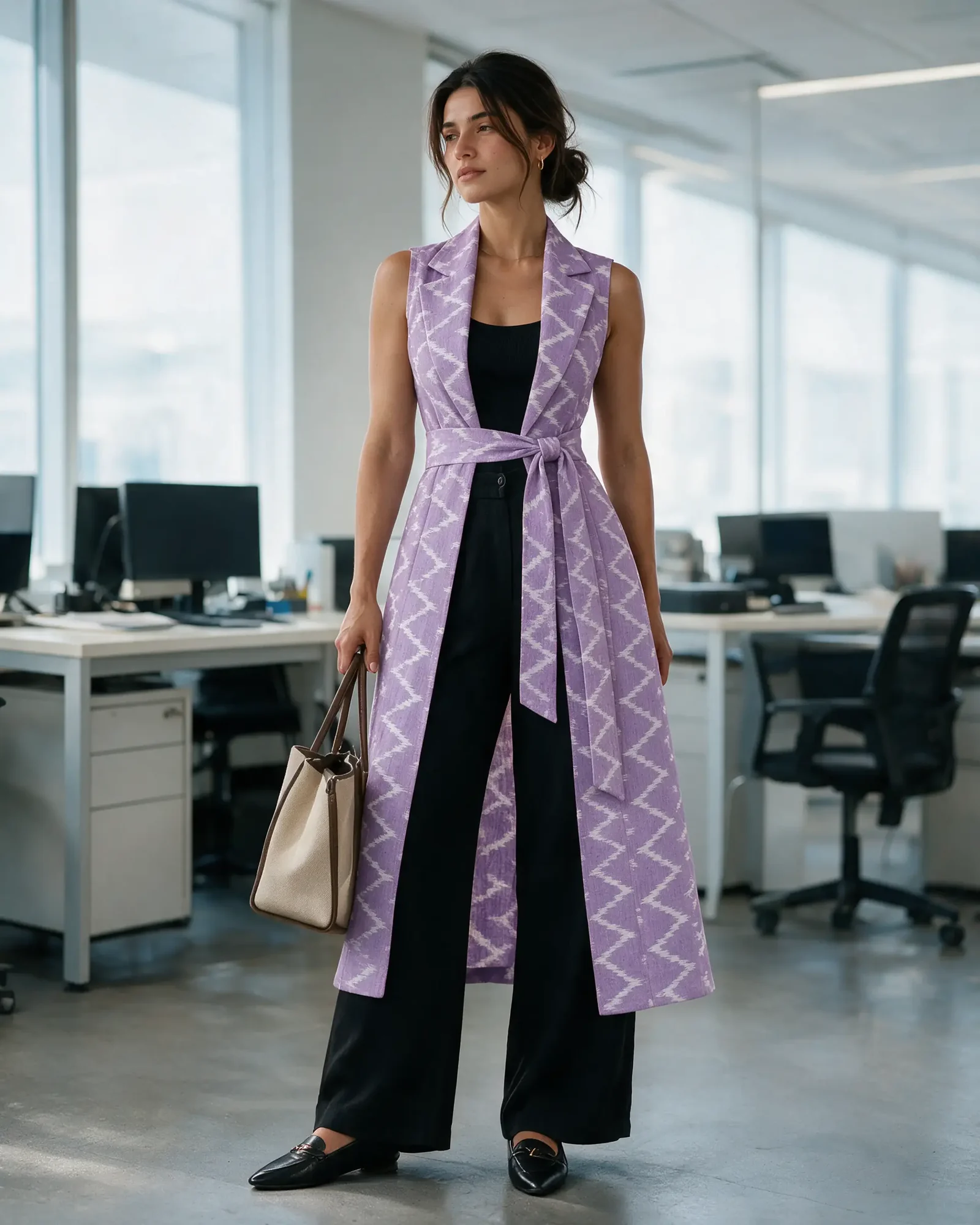 A woman in the lilac Lahari Waistcoat belted over black top and trousers with loafers in an office